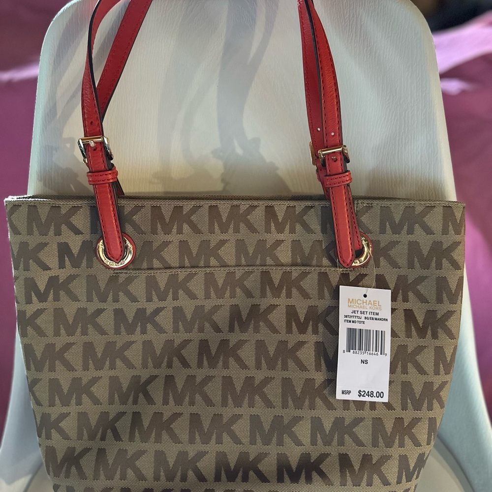 Michael Kors Tan and Orange Logo Tote